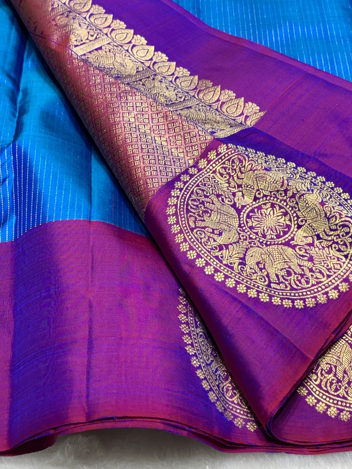 Classic Azure Blue & Purple 2gm Zari Kanchipuram Handloom Silk Saree SS25816