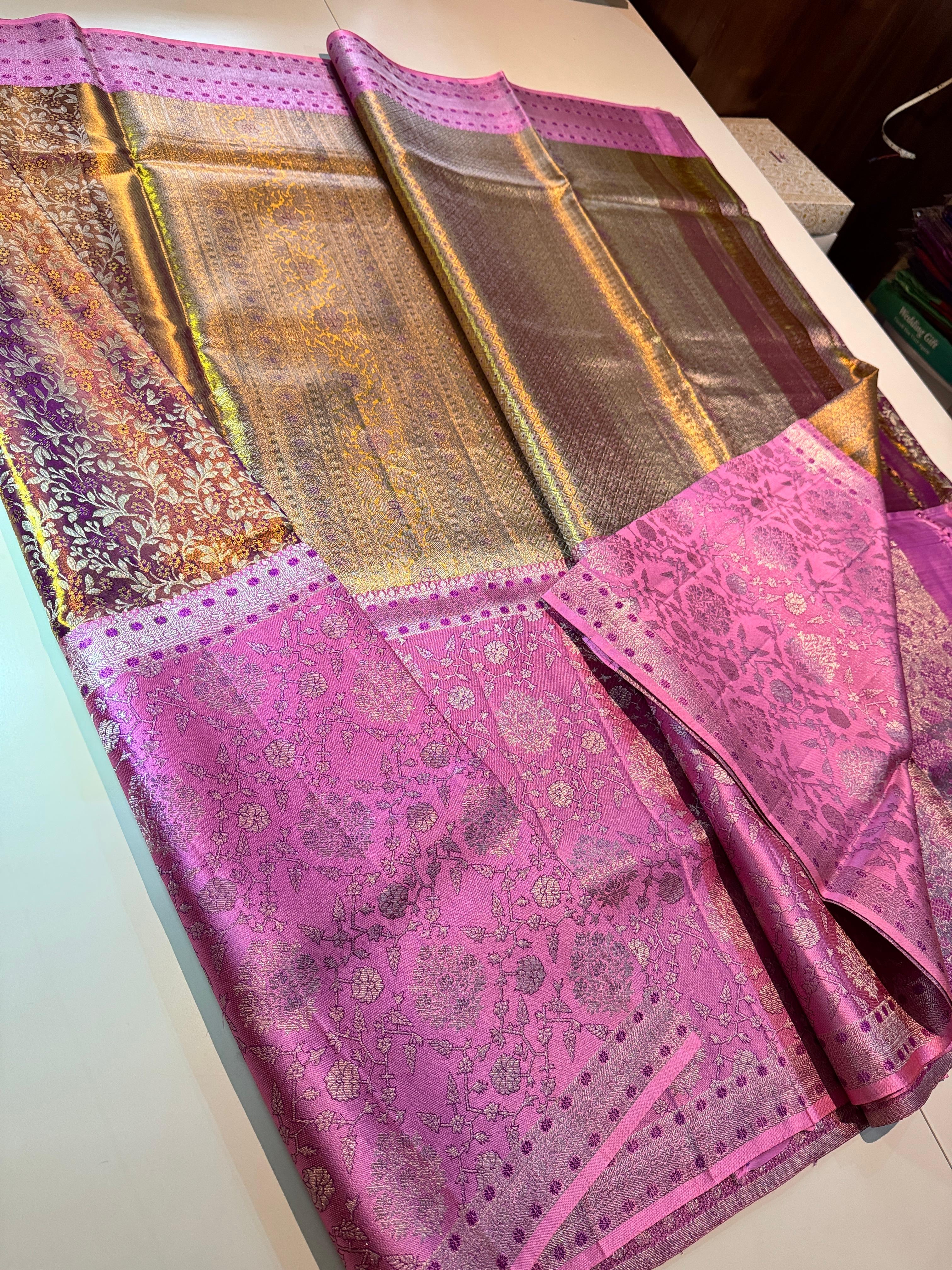 Classic Golden Vadamalli & Creamy Pink 4D Handmade Brocade Meenakari Designed Bridal Elegance Kanchipuram Handloom Silk Saree SS25405