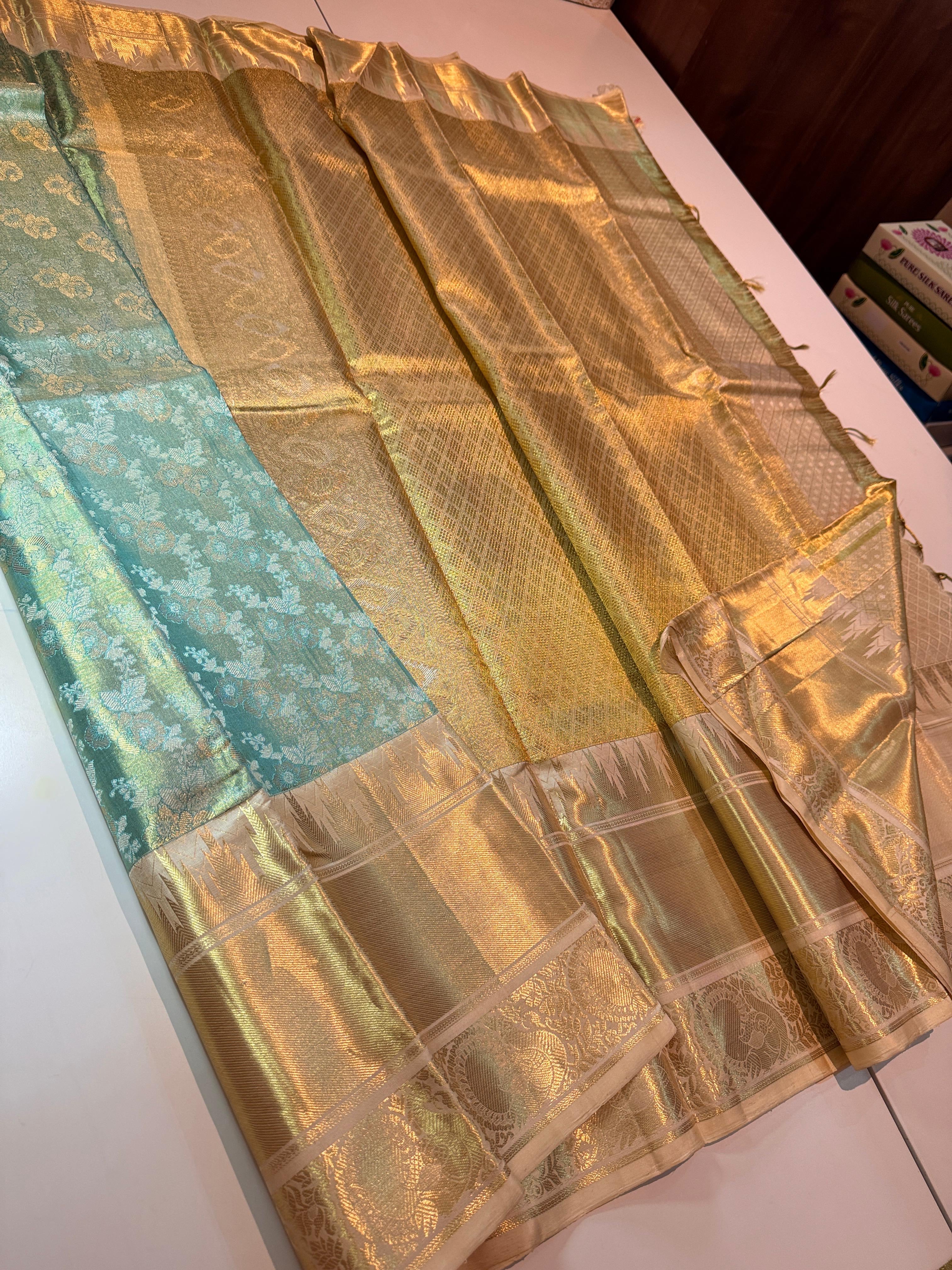 Classic Sea Green & Golden Beige Kanchipuram Handloom Silk Saree SS25858