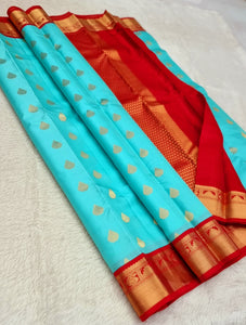 Classic Sky Blue & Red Kanchipuram Handloom Silk Saree SS25805
