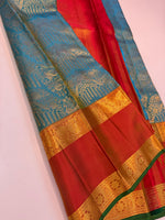 Load image into Gallery viewer, Classic Sea Green &amp; Orange Brocade Elegance Kanchipuram Handloom Silk Saree SS27199
