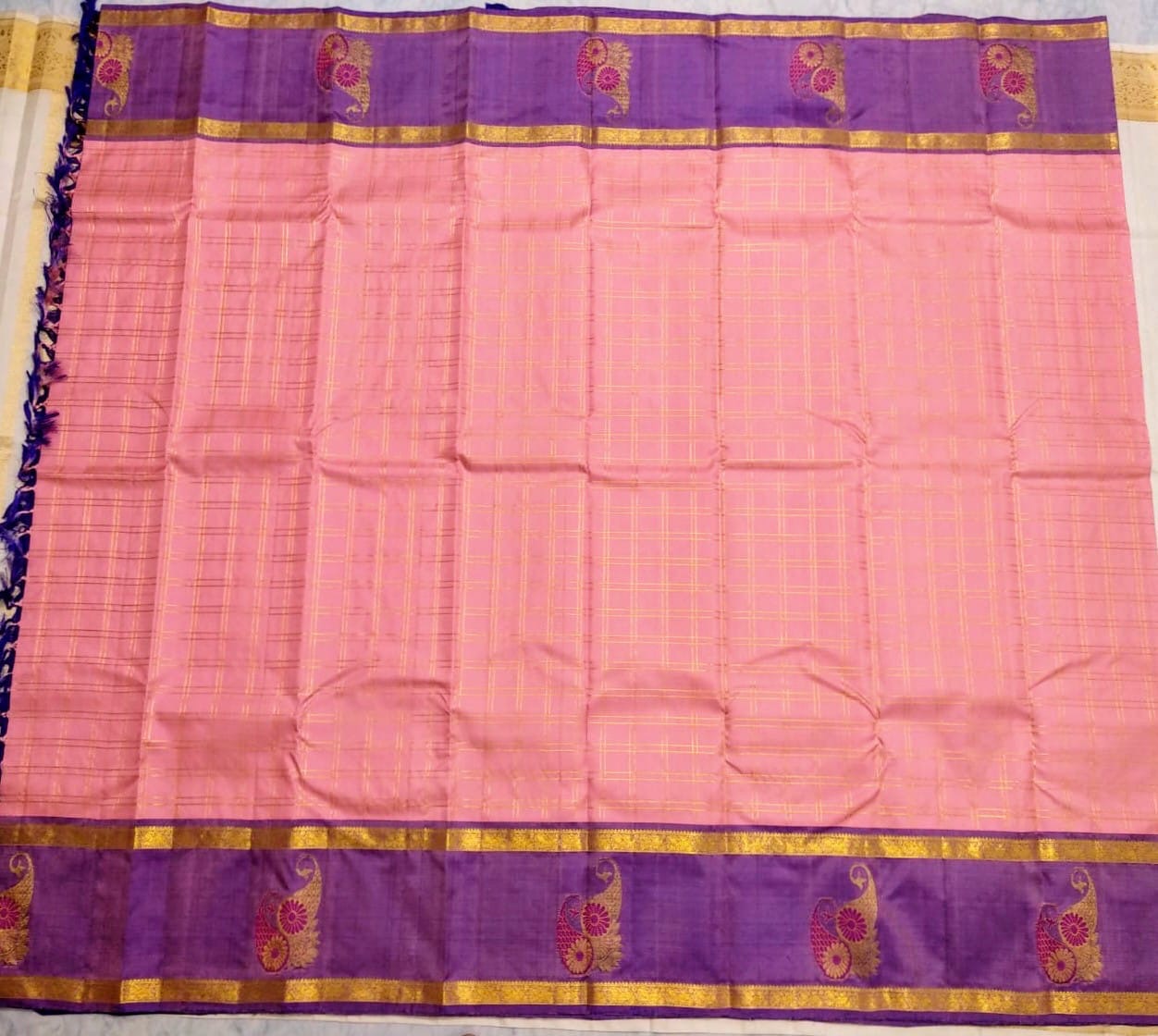 Classic Baby Pink & Royal Blue Elegance Kanchipuram Handloom Silk Saree SS25495
