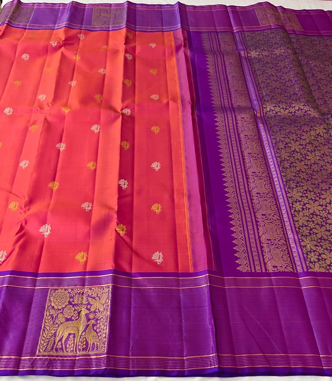 Classic Orange Rose & Purple 2gm Zari Elegance Kanchipuram Handloom Silk Saree SS23677