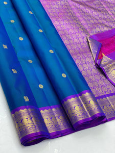 Classic Azure Blue & Purple 2gm Zari Elegance Kanchipuram Handloom Silk Saree SS23752