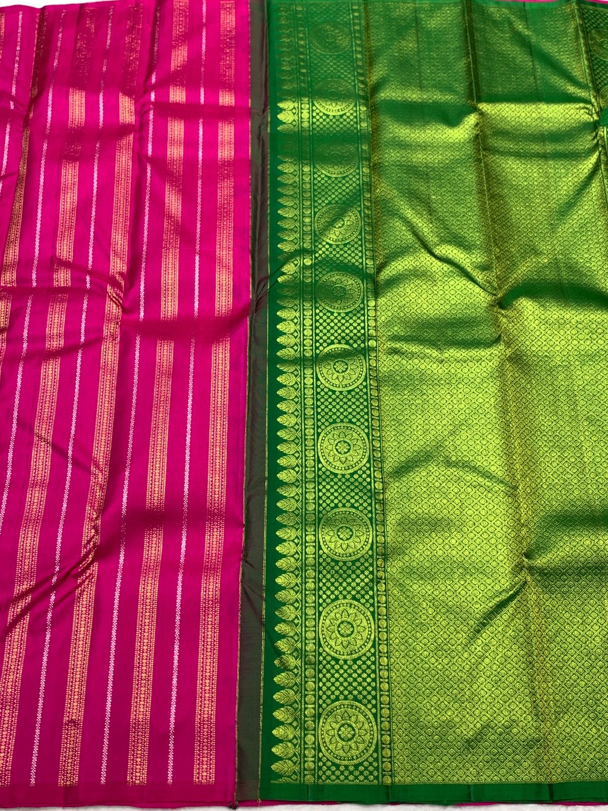 Classic Deep Pink & Green 2gm Zari Kanchipuram Handloom Silk Saree SS25850