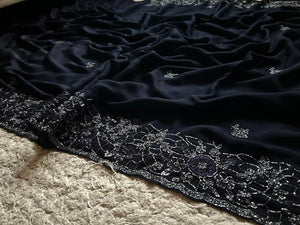 Classic Charcoal Black Elegance Chinnon Crepe Chiffon Silk Saree SS25399