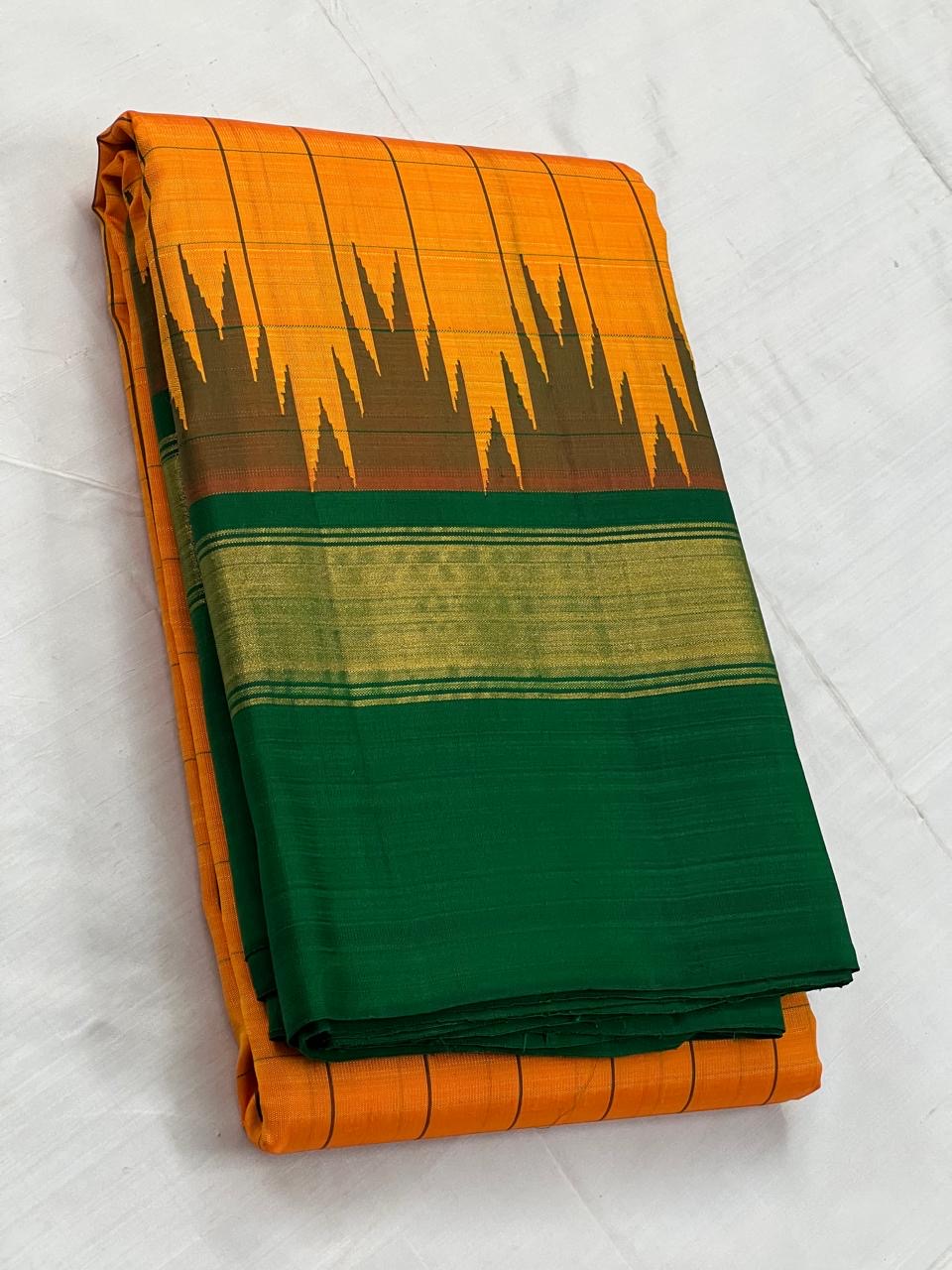 Classic Mango Yellow & Green 2gm Zari Elegance Kanchipuram Handloom Silk Saree SS25310