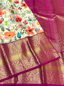 Classic White & Orchid Pink Kalamkari Digital Print Bridal Elegance Kanchipuram Handloom Silk Saree SS23908