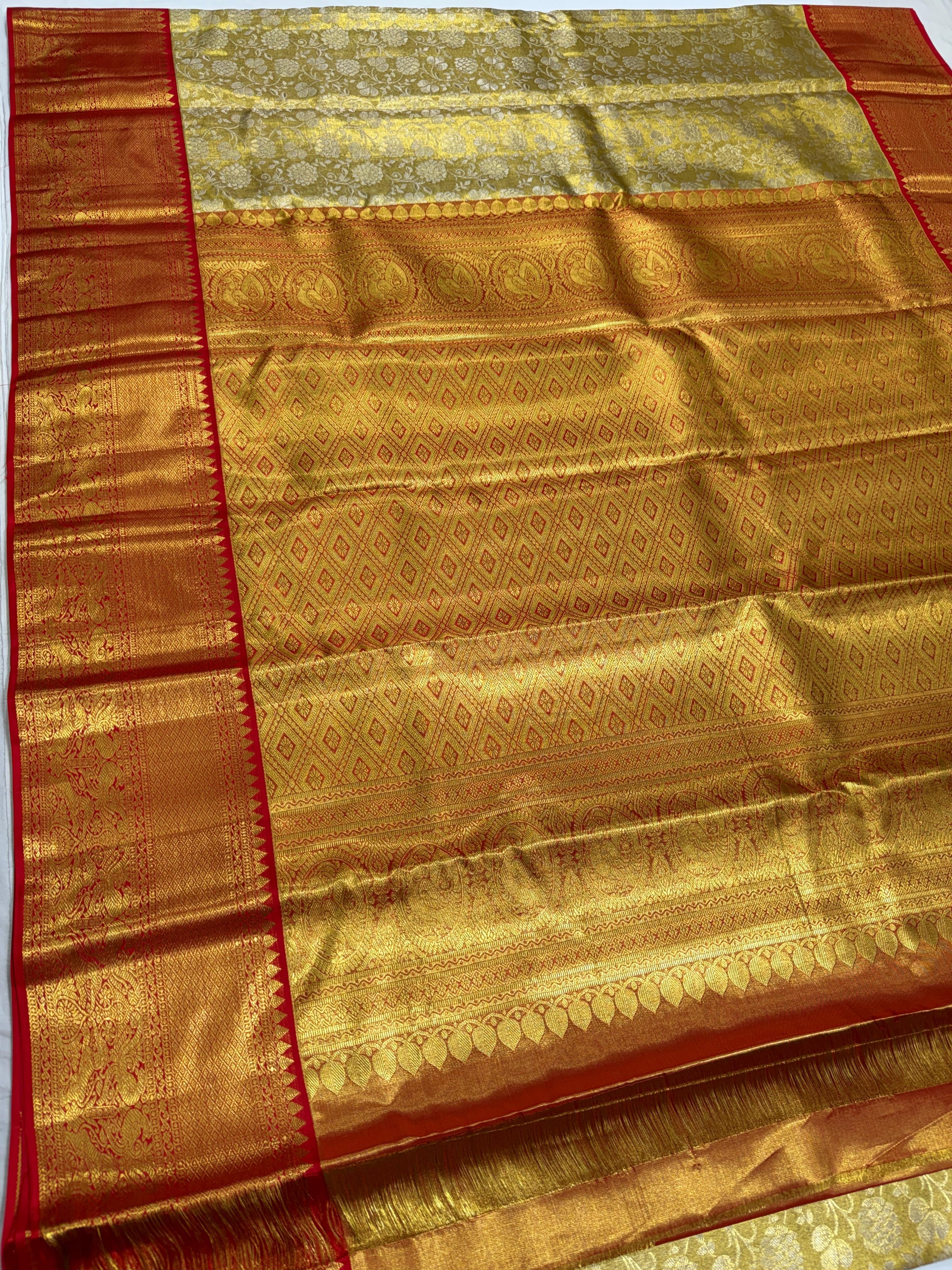 Classic Gold & Chilli Red Brocade Tissue Bridal Elegance Kanchipuram Handloom Silk Saree SS26571