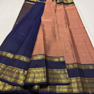 Classic Dusky Rose & Navy Blue 2gm Zari Belthari Checks Kanchipuram Handloom Silk Saree SS25730