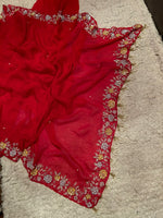 Load image into Gallery viewer, Classic Chilly Red Pearl Sequins Handwork Satin Organza Silk Saree SS20624
