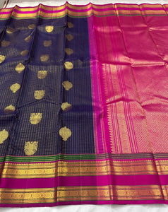 Classic Navy Blue & Pink 2gm Zari Kanchipuram Handloom Silk Saree SS25845