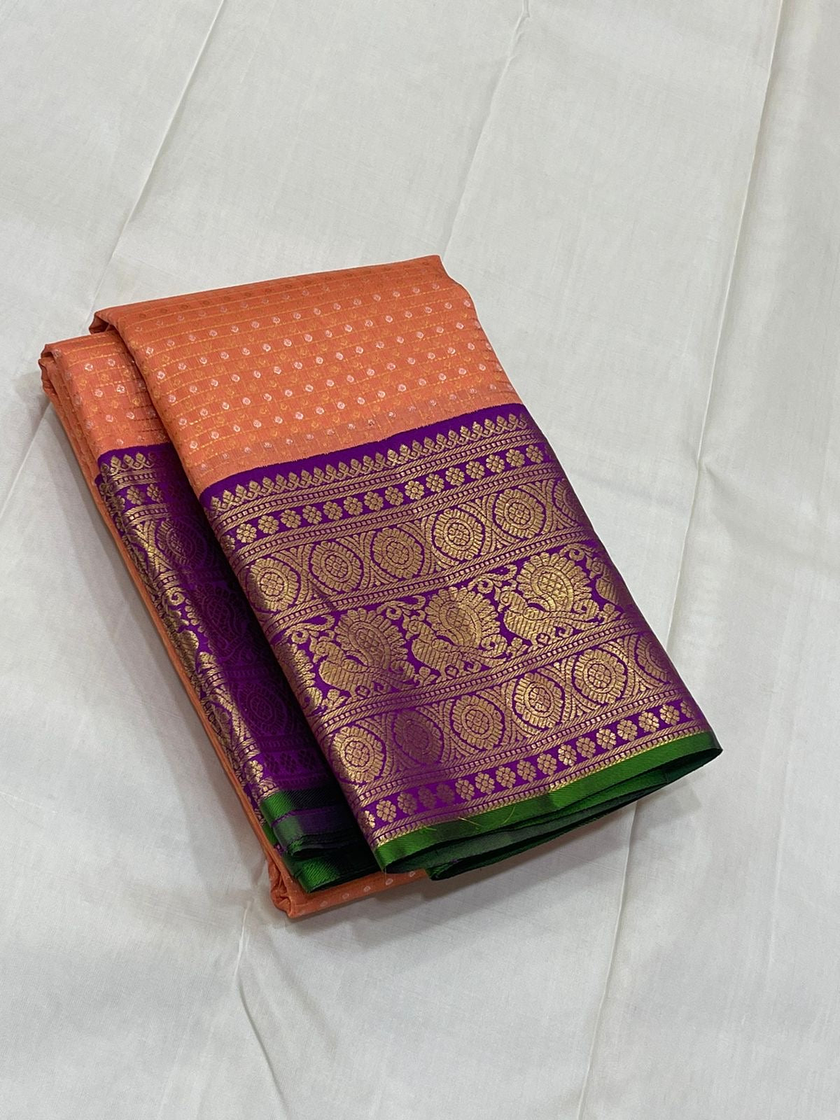 Classic Peach & Violet Elegance Kanchipuram Handloom Silk Saree SS24716