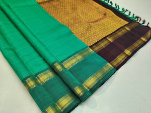 Classic Sea Green & Coffee Brown 1gm Zari Elegance Kanchipuram Silk Saree SS23948