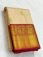 Load image into Gallery viewer, Classic Butter Cream &amp; Chilli Red 2gm Zari Elegance Kanchipuram Handloom Silk Saree SS25628
