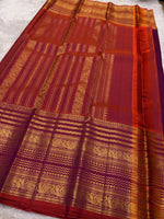 Load image into Gallery viewer, Classic Plum Wine &amp; Sunset Orange Bridal Elegance Kanchipuram Handloom Silk Saree SS27251
