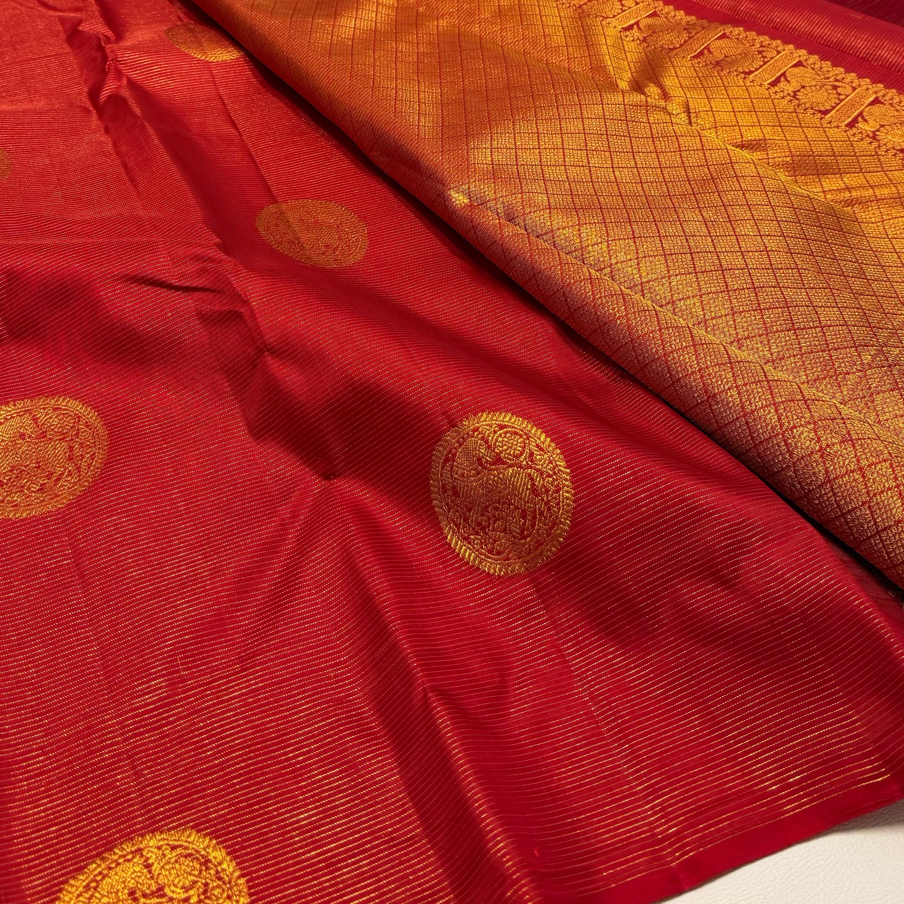 Classic Crimson Red 1gm Zari Vaira Oosi Checks Elegance Kanchipuram Handloom Silk Saree SS24470