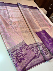 Pastel Rose & Dark Violet Meenakari Bricade Bridal Elegance Kanchipuram Handloom Silk Saree SS25332