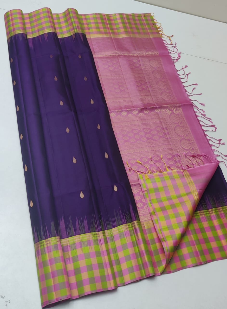 Classic Violet Indigo & Light Green 2gm Zari Elegance Handloom Soft Silk Saree SS24136