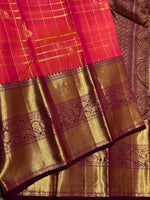 Load image into Gallery viewer, Classic Orange Pink &amp; Plum 2gm Zari Vaira Oosi Checks Kanchipuram Handloom Silk Saree SS25897

