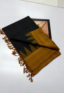 Classic Charcoal Black & Dijon Mustard Korvai Temple Kanchipuram Handloom Silk Saree SS25918