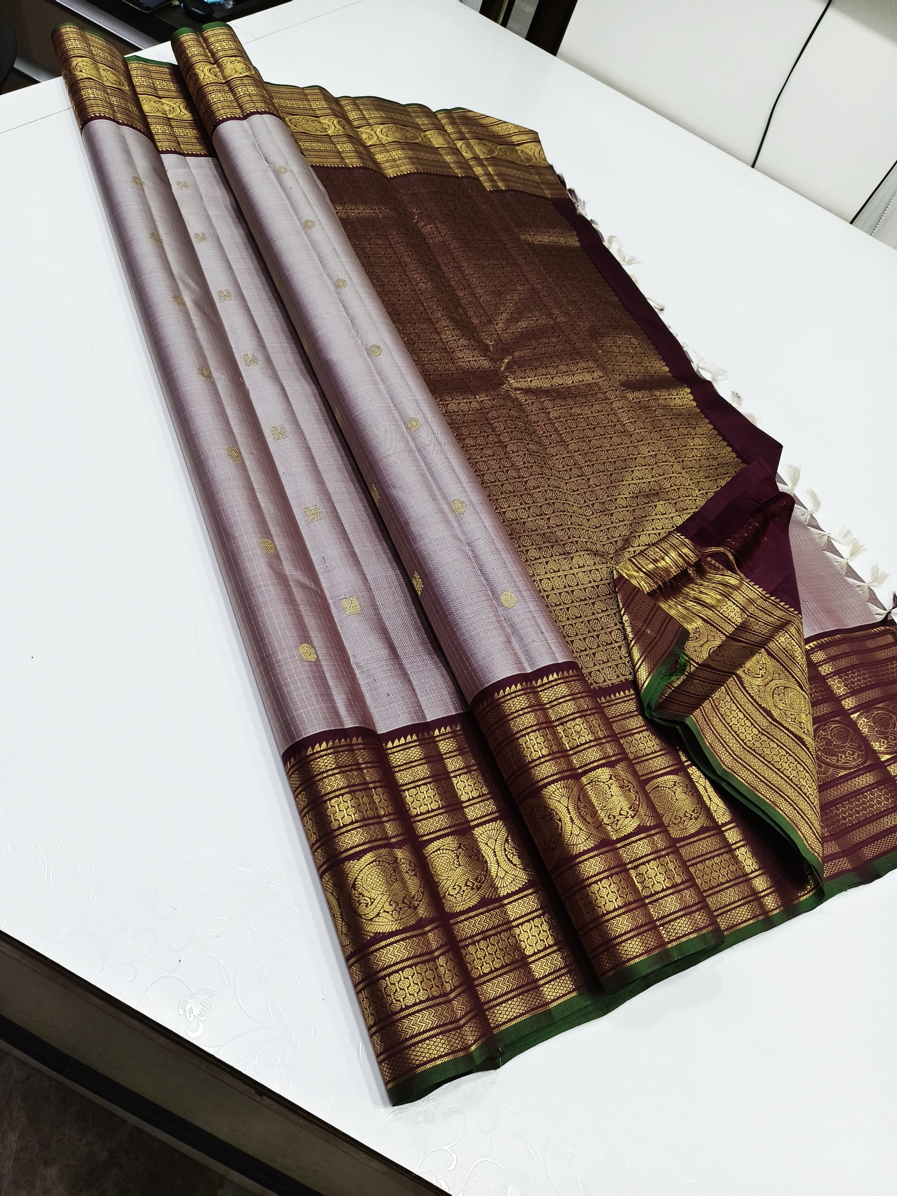 Classic Pastel Cocoa & Mahogany Red 2gm Zari Kanchipuram Handloom Silk Saree SS26244