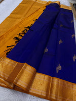 Load image into Gallery viewer, Classic Royal Blue &amp; Orange 2gm Zari Korvai Elegance Kanchipuram Handloom Silk Saree SS23733
