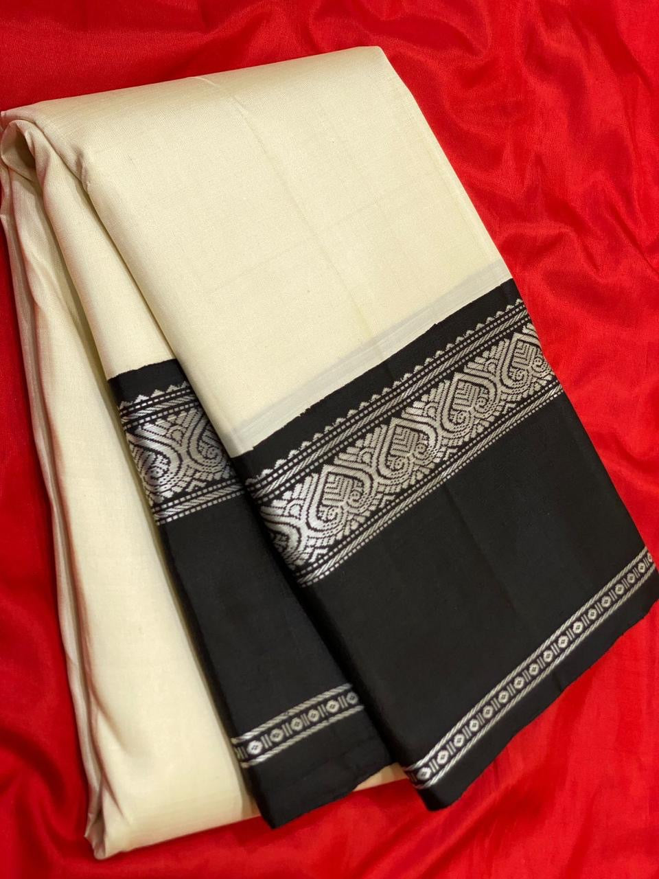 Classic Cream & Black Kanchipuram Handloom Silk Saree SS26333