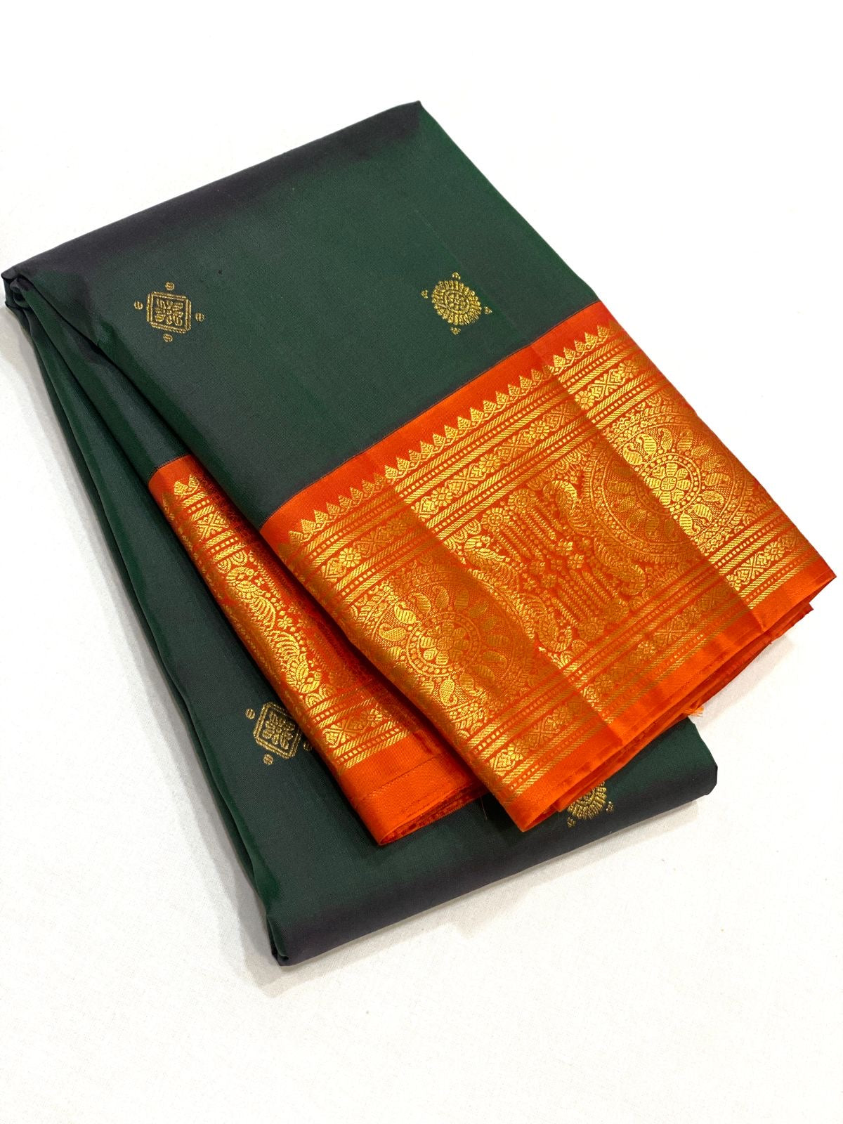 Shaded Bottle Green & Orange 2gm Zari Elegance Kanchipuram Handloom Silk Saree SS22109