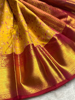 Load image into Gallery viewer, Classic Mustard &amp; Red 2gm Zari Elegance Kanchipuram Handloom Silk Saree SS24786
