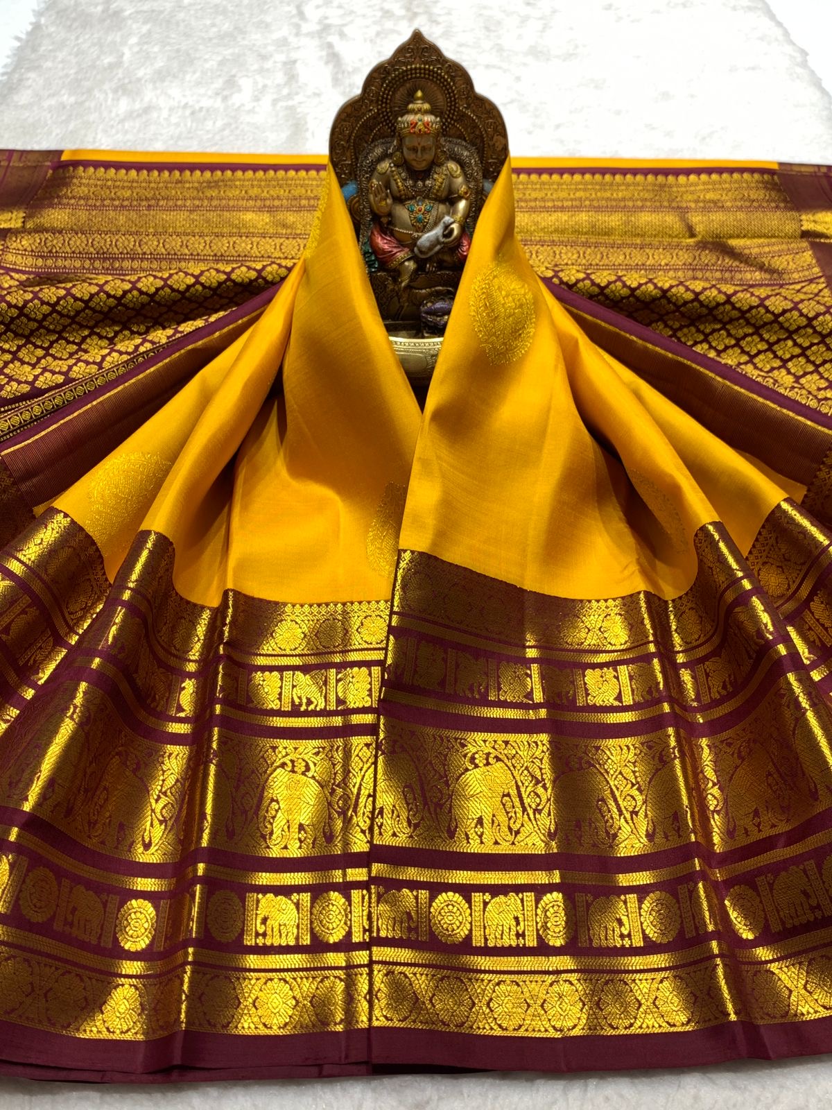 Mango Yellow & Mahogany Red 2gm Zari Kanchipuram Handloom Silk Saree SS25828