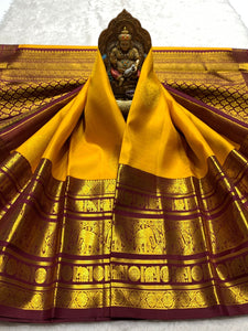 Mango Yellow & Mahogany Red 2gm Zari Kanchipuram Handloom Silk Saree SS25828