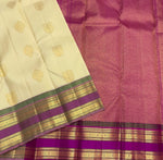 Load image into Gallery viewer, Classic Butter Cream &amp; Fuchsia Pink 1gm Zari Vintage Checks Elegance Kanchipuram Handloom Silk Saree SS26979
