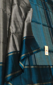 Classic Silver Grey & Prussian Blue Elegance Handloom Soft Silk Saree SS26477