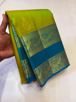 Load image into Gallery viewer, Classic Olive Green &amp; Teal Green 2gm Zari Elegance Kanchipuram Handloom Silk Saree SS27994
