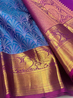 Load image into Gallery viewer, Classic Azure Blue &amp; Fuchsia Pink 2gm Zari Elegance Kanchipuram Handloom Silk Saree SS27352
