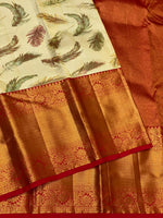 Load image into Gallery viewer, Classic Butter Cream &amp; Chilly Red 2gm Zari Elegance Kanchipuram Handloom Silk Saree SS23605
