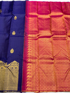 Classic  Navy Blue & Deep Pink 2gm Zari Elegance Kanchipuram Handloom Silk Saree SS25442