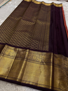 Classic Cherry Red & Dark Chocolate 2gm Zari Bridal Elegance Kanchipuram Handloom Silk Saree SS24477