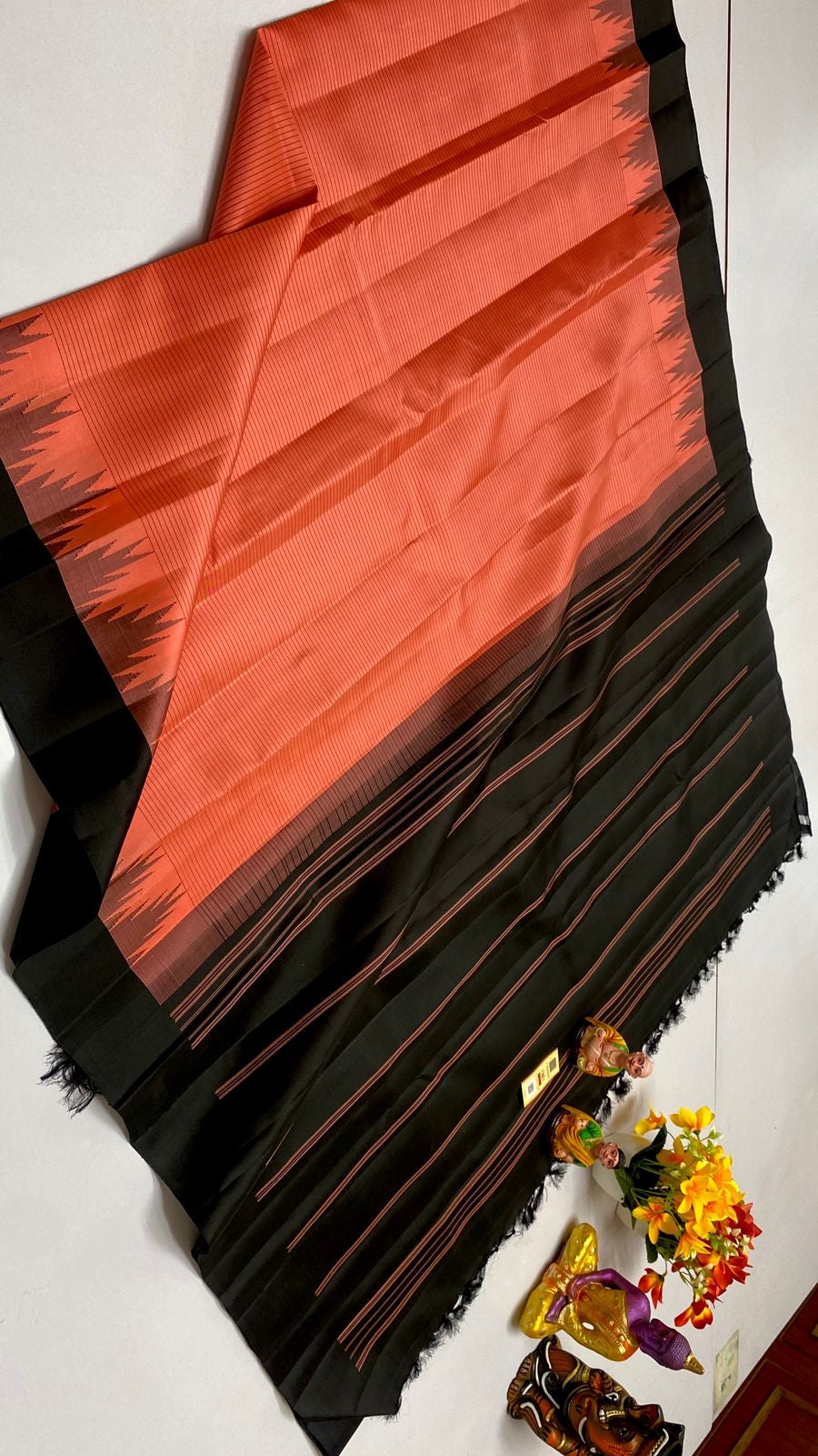 Classic Coral Passion & Charcoal Black Elegance Kanchipuram Handloom Silk Saree SS20631