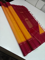 Load image into Gallery viewer, Classic Marigold Orange &amp; Cherry Red 2gm Zari Traditional Korvai Elegance Kanchipuram Handloom Silk Saree SS27977

