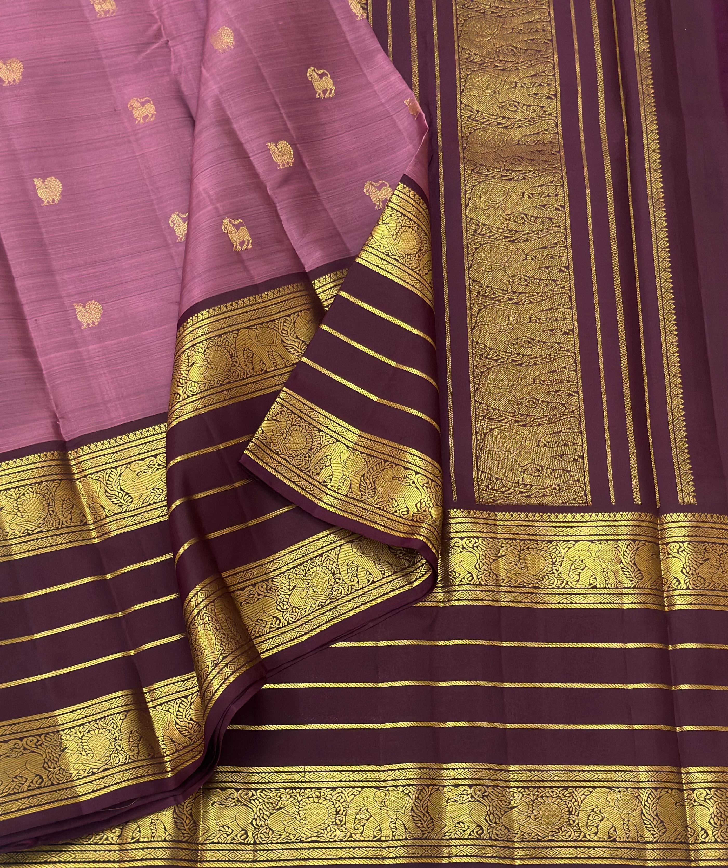 Classic Creamy Pink & Chocolate Brown 1gm Zari Elegance Kanchipuram Handloom Silk Saree SS24504