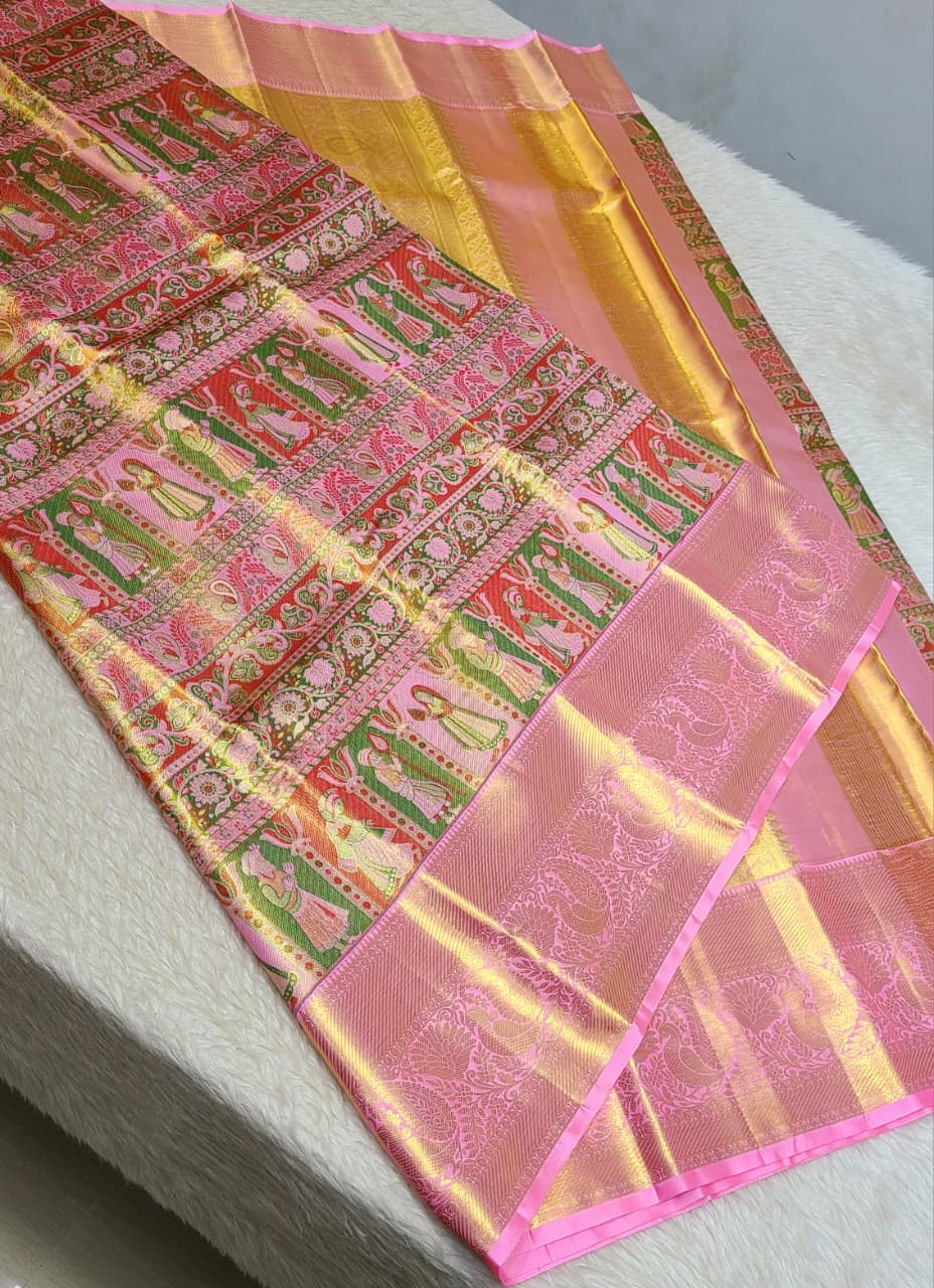 Classic Light Pink 3gm Zari 4D Mogal Designed Bridal Elegance Kanchipuram Handloom Silk Saree SS26544