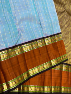 Classic Cornflower Blue & Caramel Brown 2gm Zari Vaira Oosi Checks Butta Kanchipuram Handloom Silk Saree SS26321