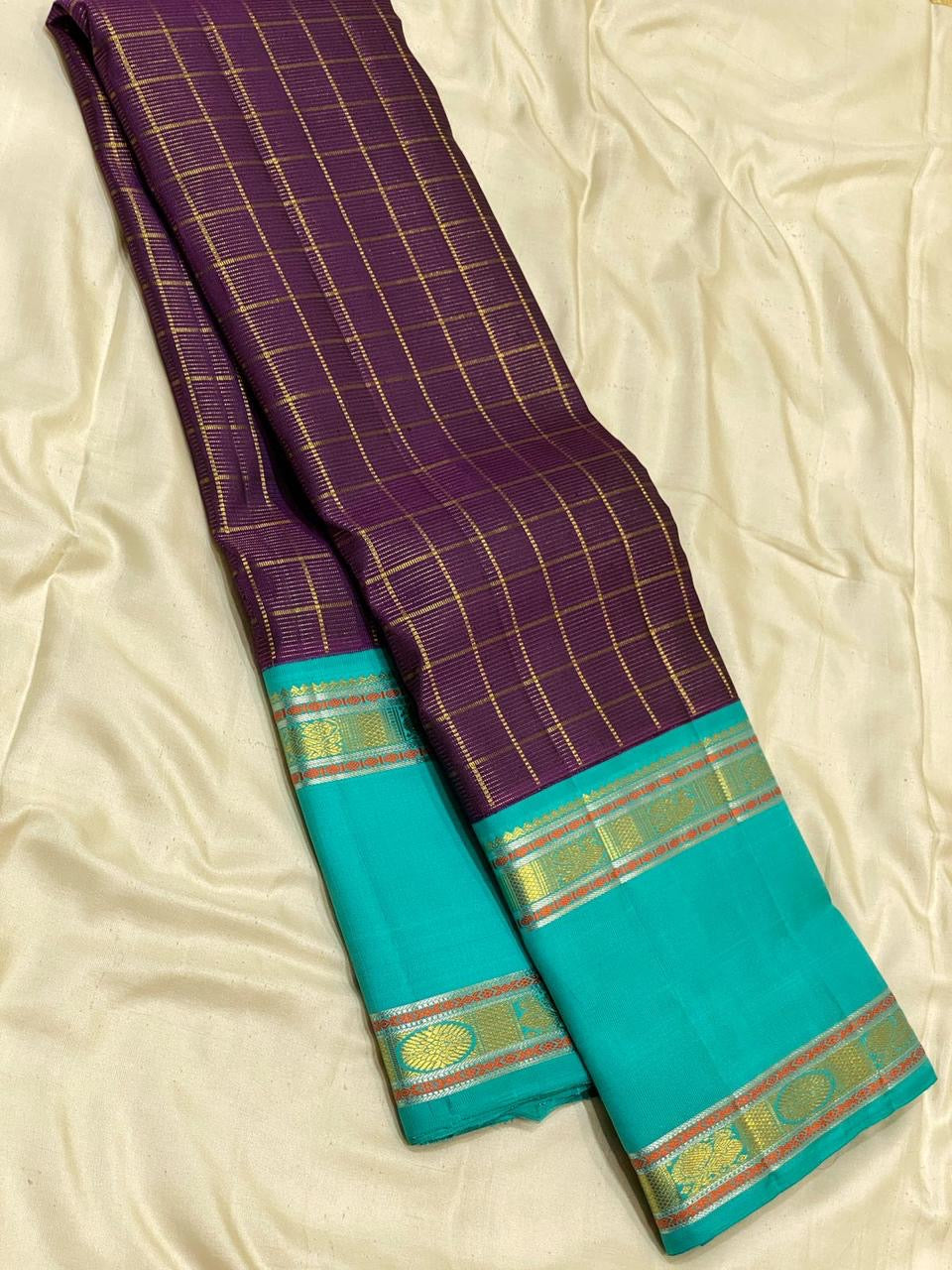 Classic Plum & Turquoise Green 2gm Zari Vaira Oosi Checks Butta Kanchipuram Handloom Silk Saree SS26322