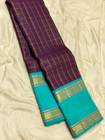 Load image into Gallery viewer, Classic Plum &amp; Turquoise Green 2gm Zari Vaira Oosi Checks Butta Kanchipuram Handloom Silk Saree SS26322
