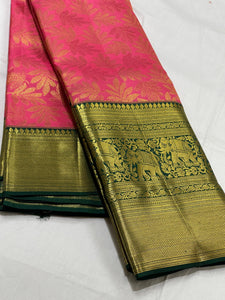 Classic Rose & Bottle Green 2gm Zari Brocade Bridal Elegance Kanchipuram Handloom Silk Saree SS23646