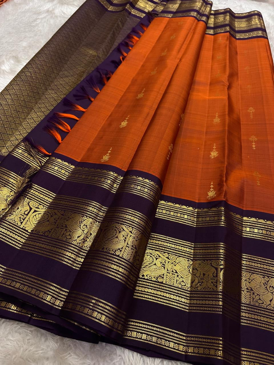 Classic Burnt Orange & Dark Blue 2gm Zari Elegance Kanchipuram Handloom Silk Saree SS25494
