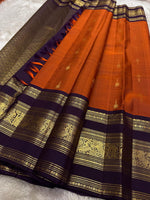 Load image into Gallery viewer, Classic Burnt Orange &amp; Dark Blue 2gm Zari Elegance Kanchipuram Handloom Silk Saree SS25494
