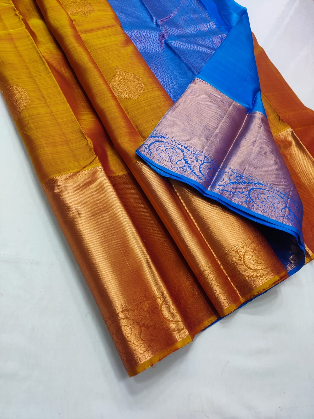 Mustard & Azure Blue Elegance Kanchipuram Handloom Silk Saree SS20626